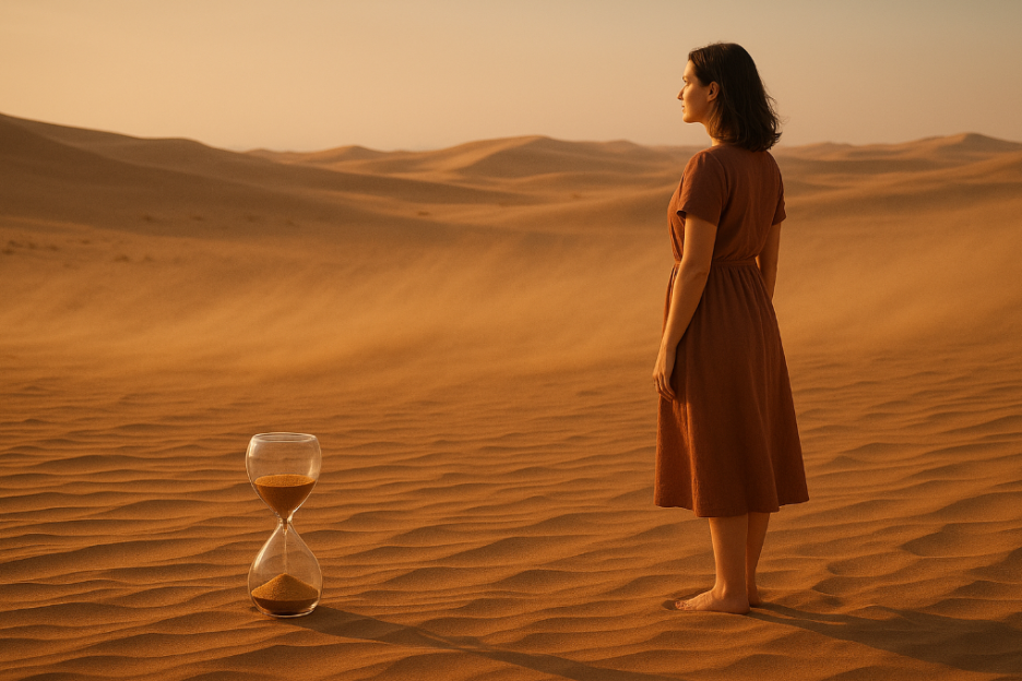 사막위에 서서 먼 곳을 응시하는 여인과 그 여인의 시간을 나타내는 모래시계의 모습