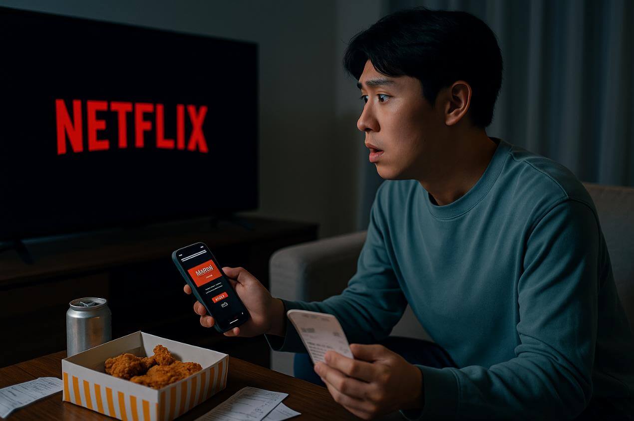 넷플릭스 화면을 보며 스마트폰과 영수증을 든 남성.