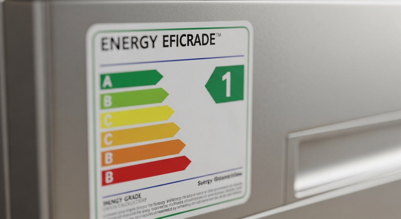 회색 가전에 부착된 1등급 에너지효율 등급 라벨 근접 촬영