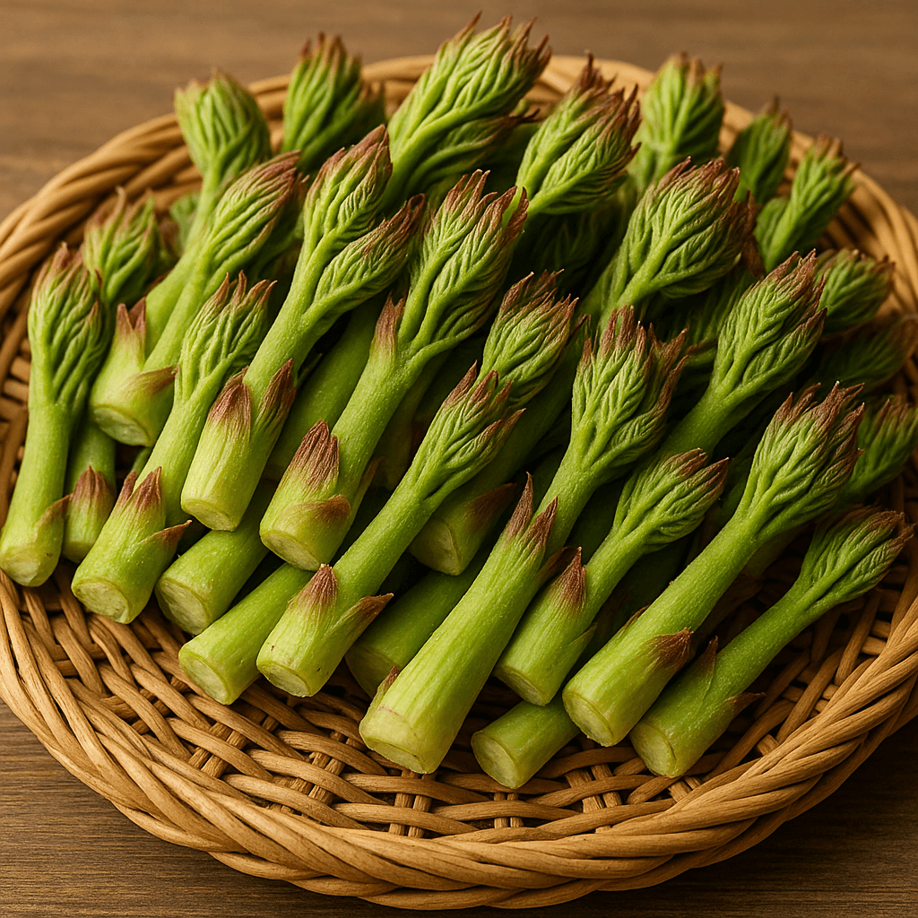 둥근 바구니에 담긴 생두릅