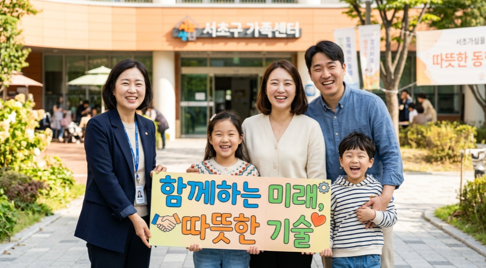'함께하는 미래, 따뜻한 기술'이라는 문구가 적힌 팻말을 들고 환하게 웃고 있는 한국인 가족과 상담사