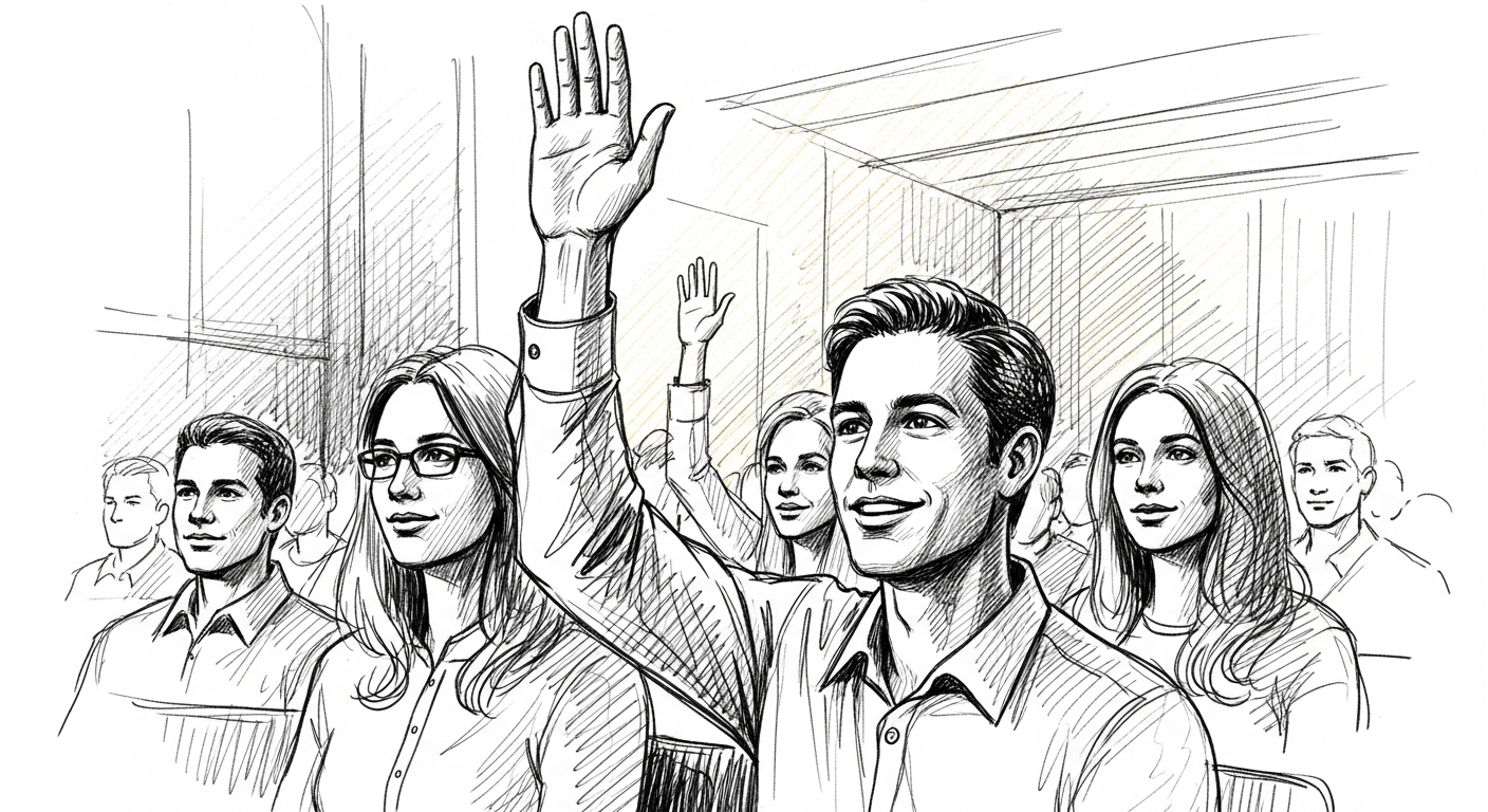 질문을 하기 위해 손을 든 청중의 모습