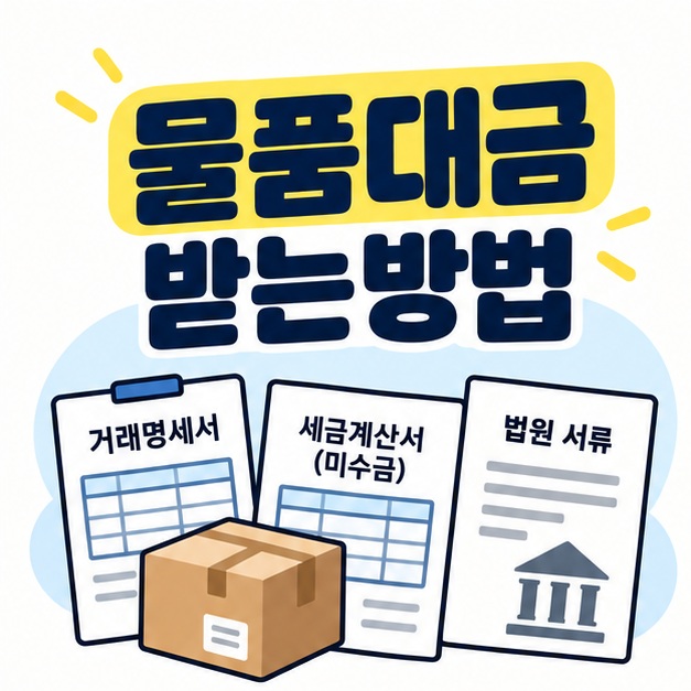 물품대금 받는방법 문구와 거래명세서, 미수금 계산서, 법원 서류 아이콘을 보여주는 대표 카드