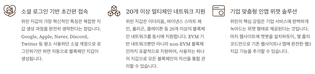 위핀 지갑의 핵심 특징과 차별화 요소 섹션 정리 이미지