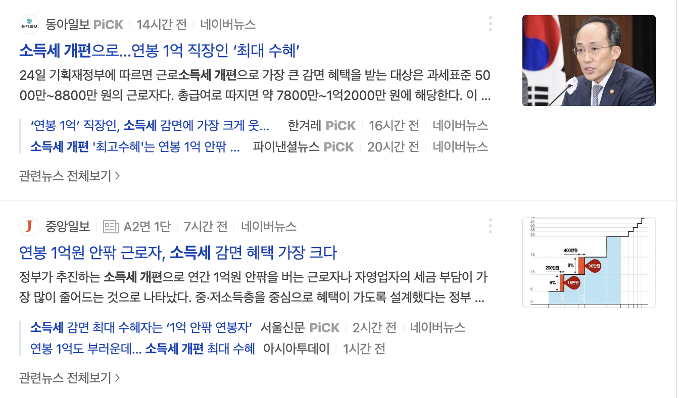 소득세 개편 관련 기사 캡쳐사진