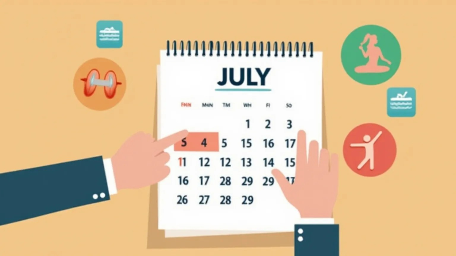 2025년 7월이 강조된 달력과 운동 관련 아이콘들