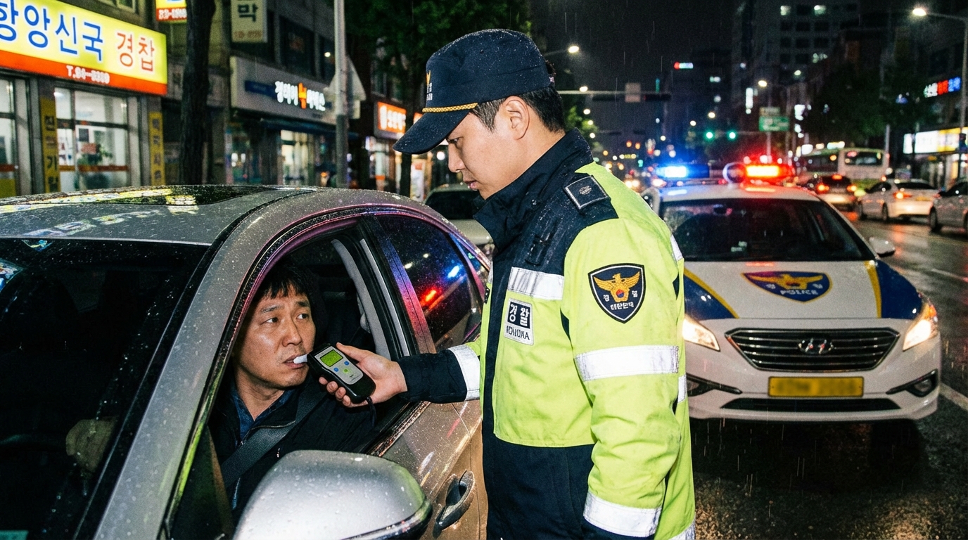 한국 도로에서 경찰의 단속을 받는 운전자의 모습과 법적 책임을 암시하는 장면