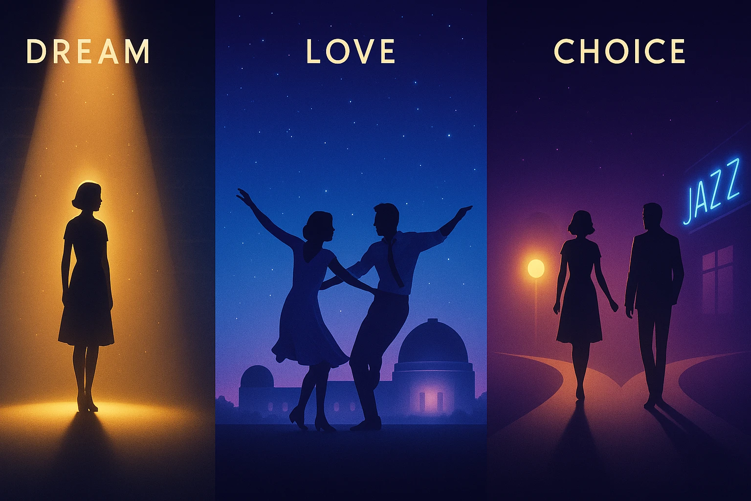 영화 라라랜드의 주요 스토리(꿈,사랑,선택)를 요약한 이미지