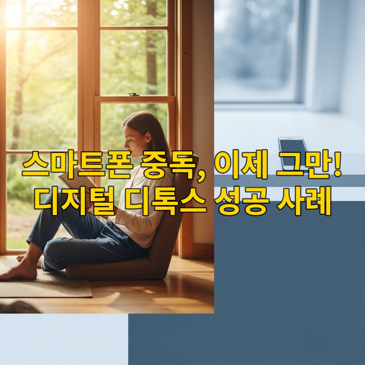 햇살 가득한 공간에서 평화롭게 책을 읽으며 디지털 디톡스 후의 몰입과 평온을 만끽하는 사람의 모습.