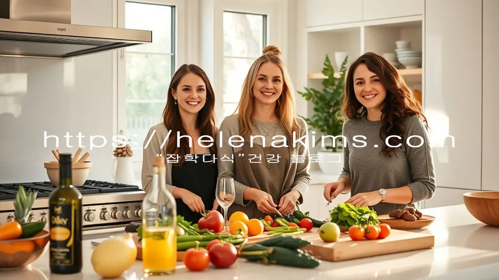 따뜻하고 편안한 고급스런 분위기의 명절 준비 장면, 건강한 식자재와 올리브 오일 병이 놓인 주방, 자연광이 부드럽게 스며드는 실내, 밝고 생기 있는 30대 여성 3명이 미소 지으며 식재료를 손질하는 모습.