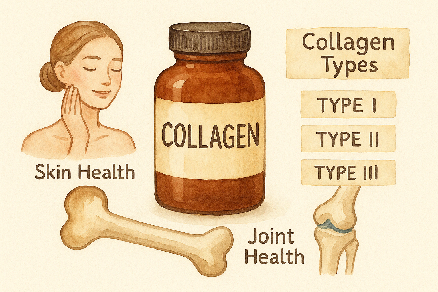 피부 탄력이 있는 얼굴, 무릎 뼈, 콜라겐 "TYPE I, II, III"가 있다.
