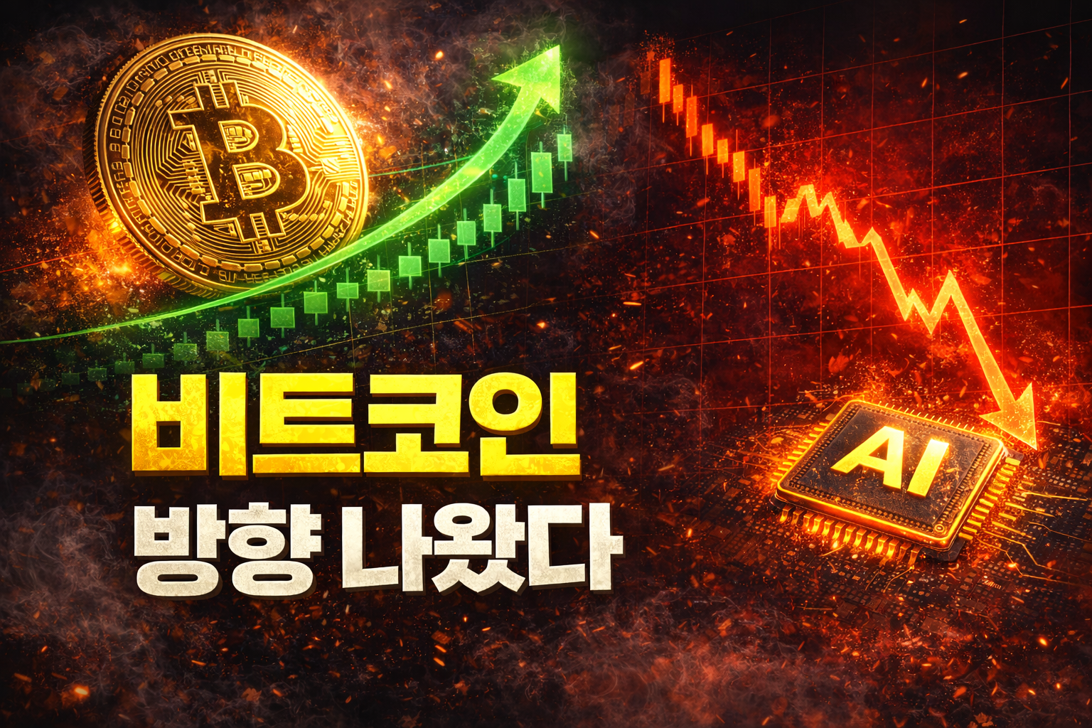 비트코인 방향 분석 썸네일, 상승과 하락이 갈리는 시장 상황을 보여주는 비트코인 차트 이미지