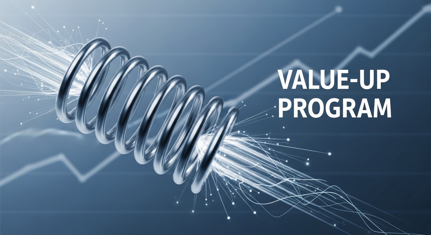 압축된 용수철이 튀어 오르기 직전의 모습으로, 한국 증시 밸류업 프로그램으로 인한 잠재적 주가 상승을 상징합니다.