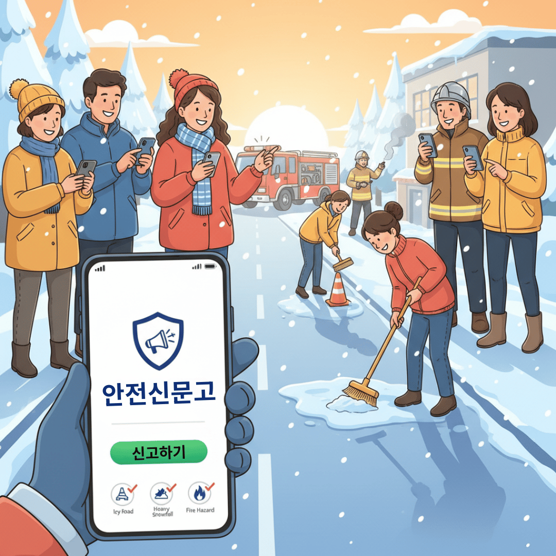 안전신문고 앱을 통해 겨울철 재난 위험 요소인 빙판길, 폭설, 화재 등을 신고하는 사람들의 모습이 담긴 삽화. 스마트폰 화면에 안전신문고 로고가 선명하게 보이며, 배경에는 눈 덮인 도로와 건물, 소방관이 보인다. 밝고 희망찬 분위기.