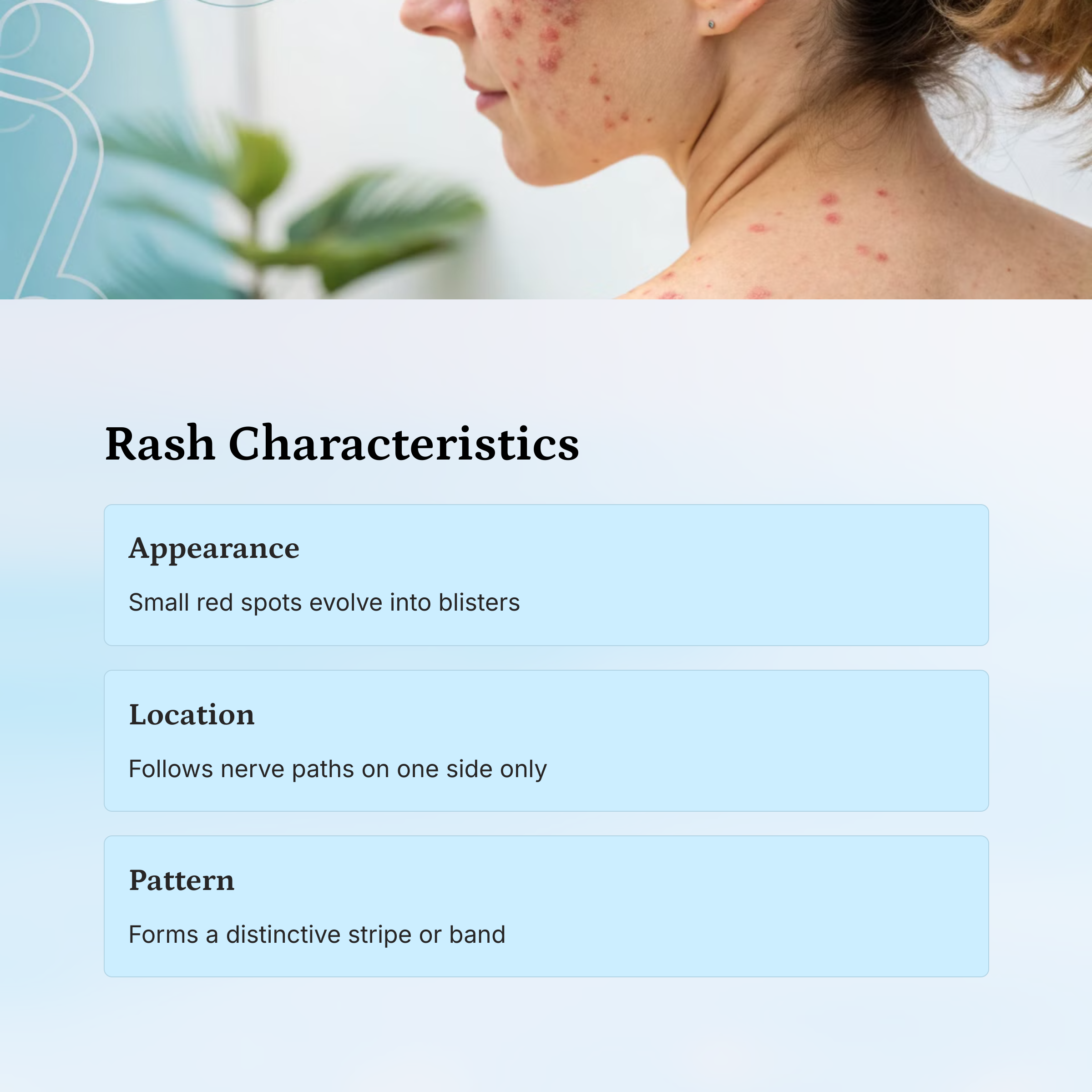 close-up of shingles rash showing progression from red spots to blisters, clinical detail, medical photography