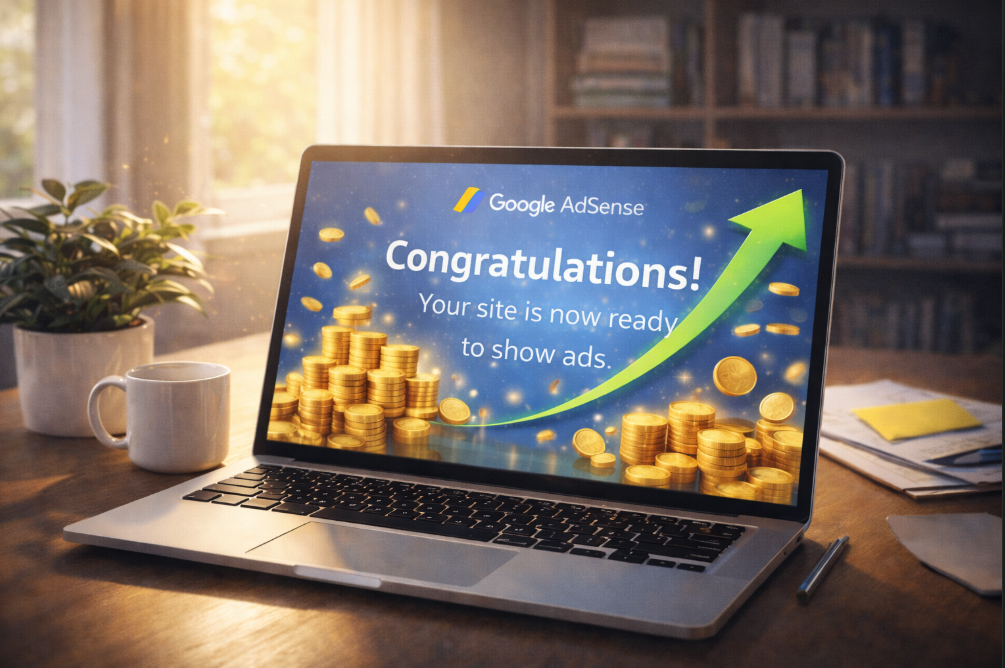 애드센스 승인 성공 화면과 함께 상승하는 수익 그래프가 있는 밝은 작업 공간