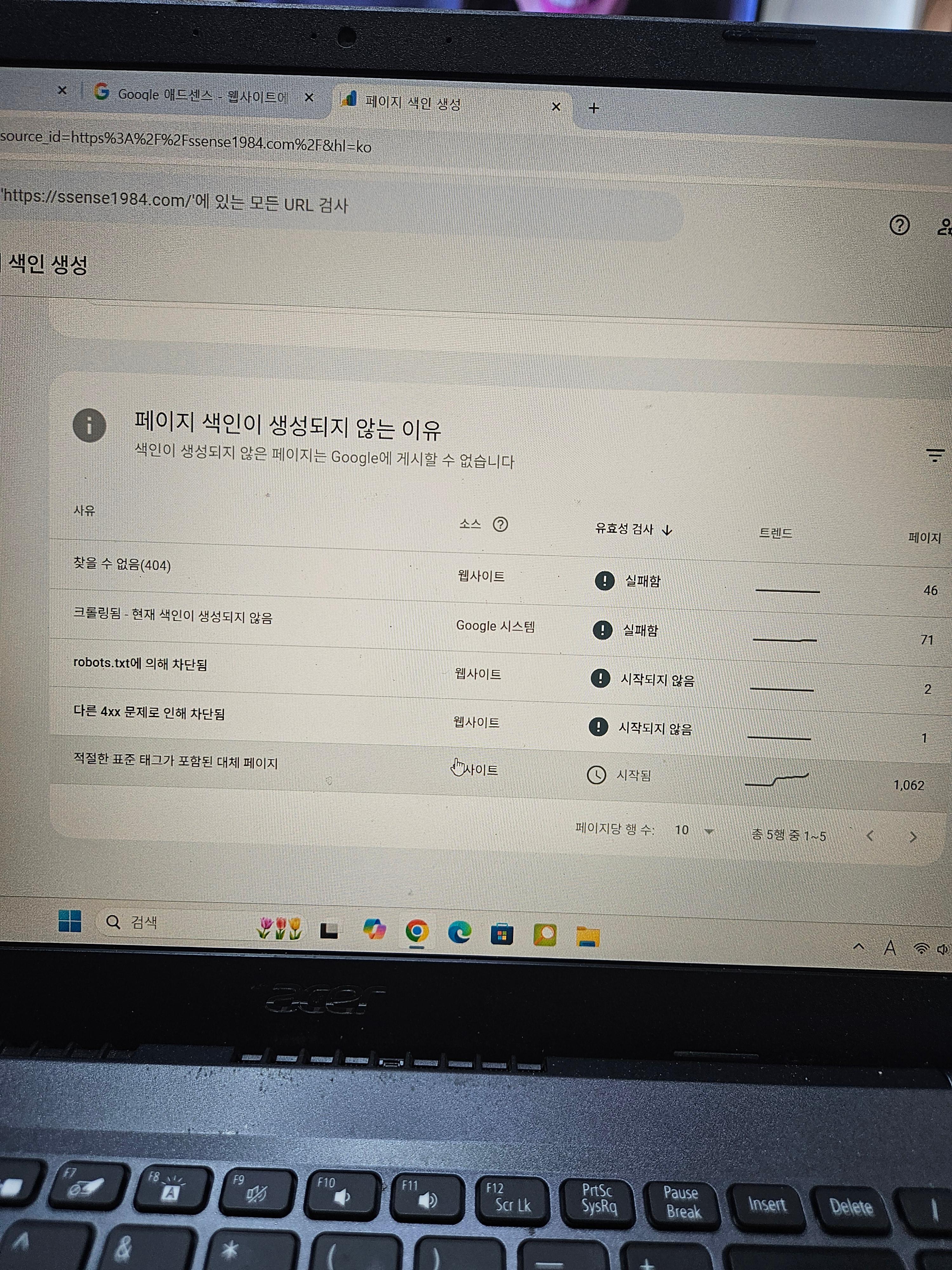 구글 서치콘솔 페이지 색인 생성 실패 사유 4가지 목록이 담긴 사진