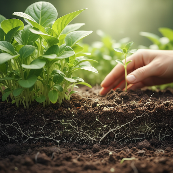 푸른 식물이 무성하게 자라는 건강하고 비옥한 토양을 손으로 부드럽게 감싸는 모습으로, 토양의 생명력과 소중함을 강조합니다.