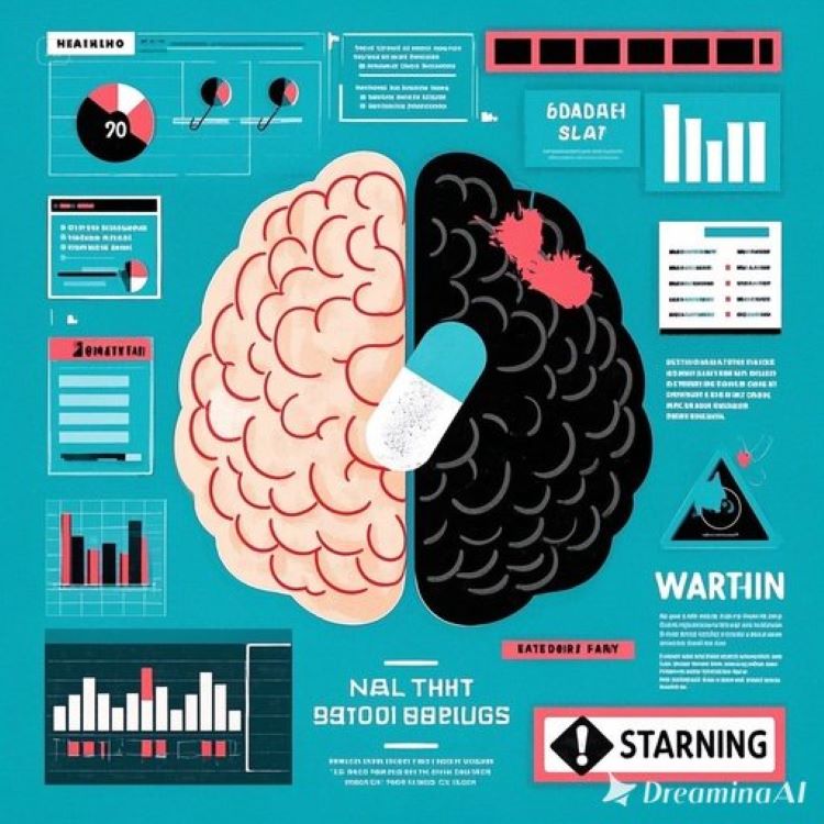 분할된 뇌 이미지로, 한쪽은 건강한 뇌(밝은 색상), 다른 쪽은 손상된 뇌(어두운 색상)를 보여주고, 가운데에는 스타틴 알약이 배치되어 있으며, 주변에는 경고 표시와 의학적 데이터 그래프가 표시된 인포그래픽 스타일의 이미지