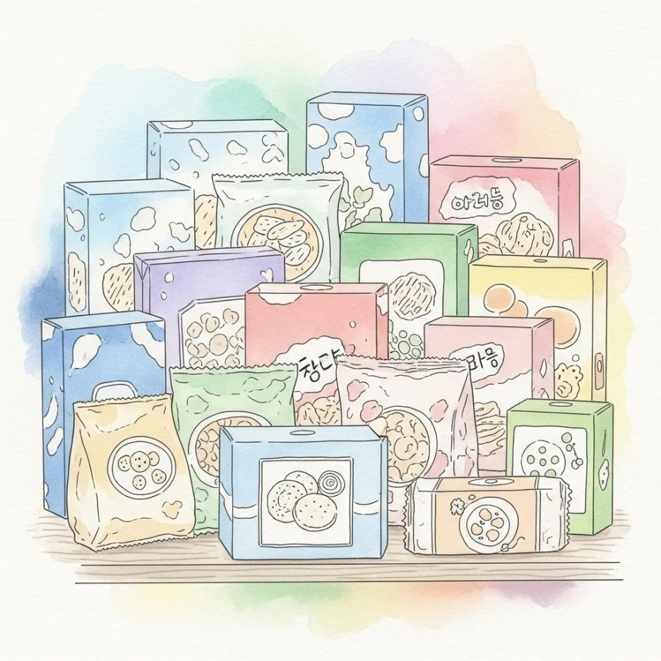 다양한 종류의 간식들이 진열된 선반