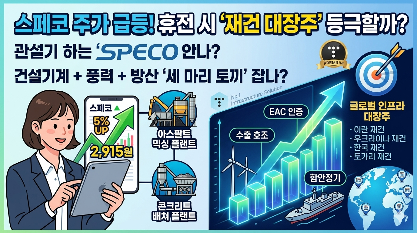 급등하는 스페코(SPECO) 주가 차트와 아스팔트 플랜트, 함안정기, 윈드타워 이미지가 결합된 배경 위로 '방산주'와 '재건주'의 이중 매력을 강조하는 썸네일 이미지
