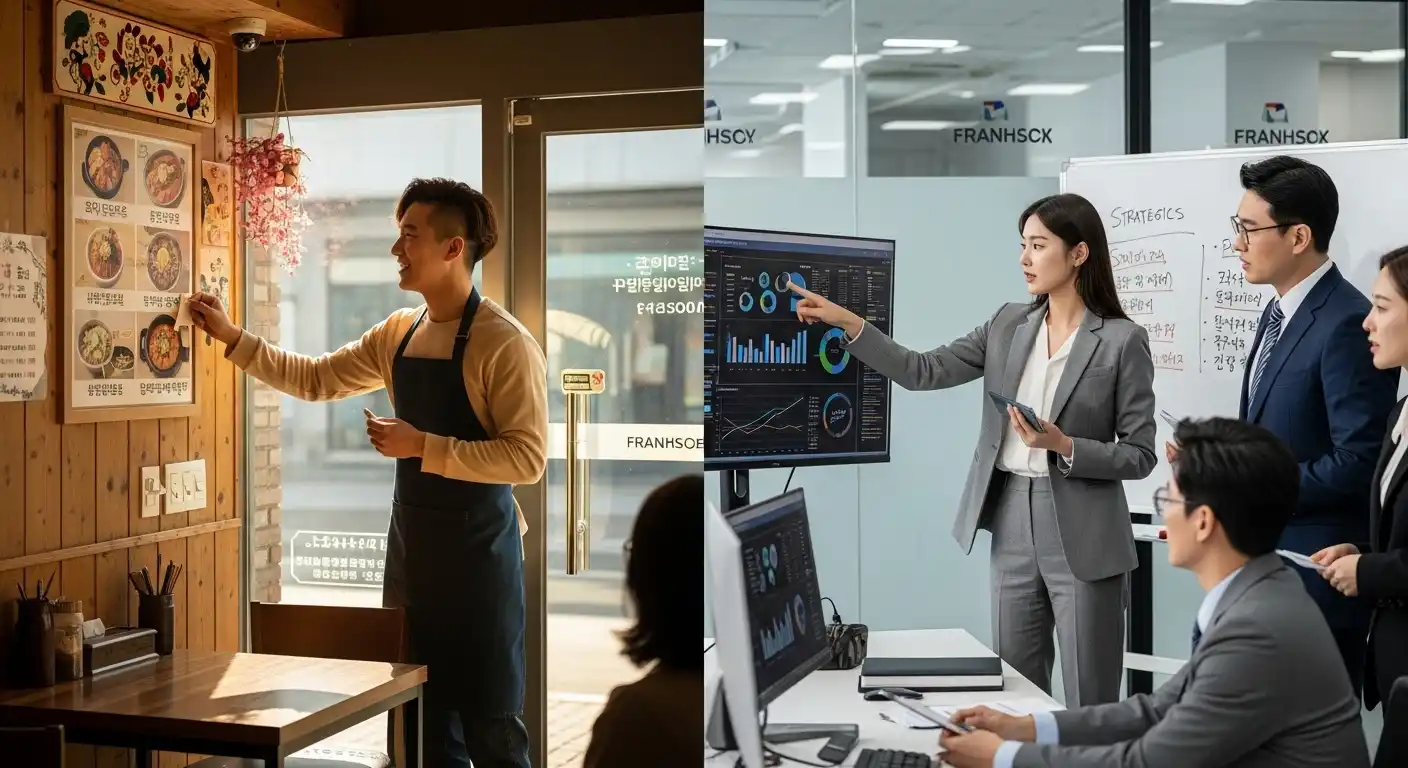 <img src="market_response_strategy.webp" alt="시장 변화에 대응하는 소상공인과 프랜차이즈 전략 비교">