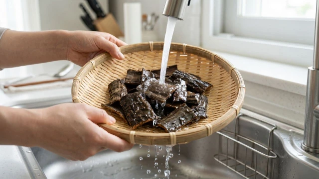 두충 수피를 흐르는 물에 헹구는 세척 과정 &mdash; 두충차 만들기 첫 단계