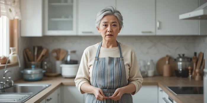 부엌에서 동작을 잊은 치매 초기증상 여성