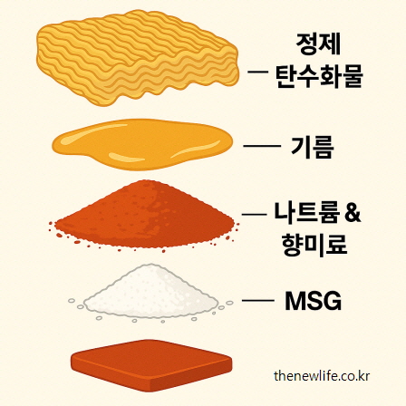 라면의 중독 원인을 보여주는 인포그래픽 – 정제 탄수화물, 기름, 나트륨 및 향미료, MSG 조합