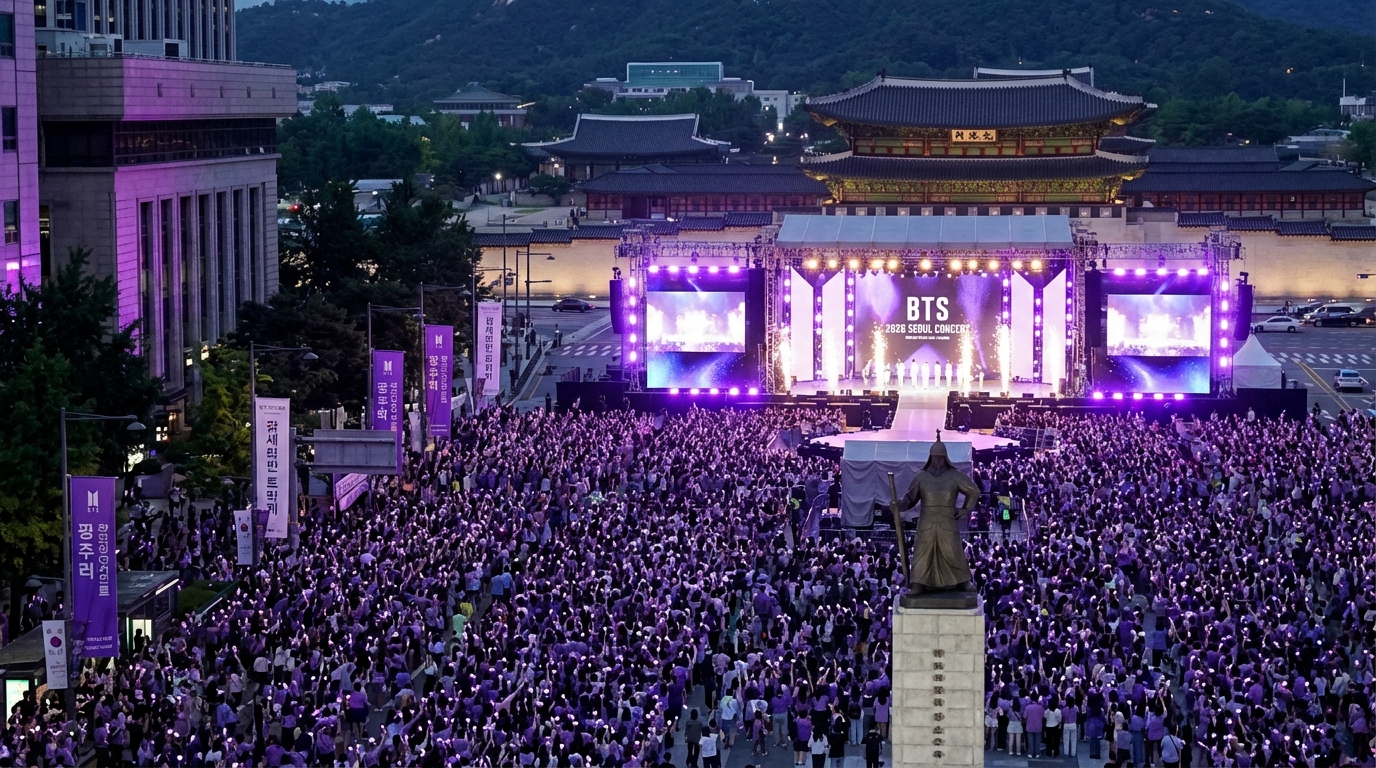 2026년 bts콘서트가 열린 서울 광화문 광장의 보랏빛 인파와 화려한 무대 연출