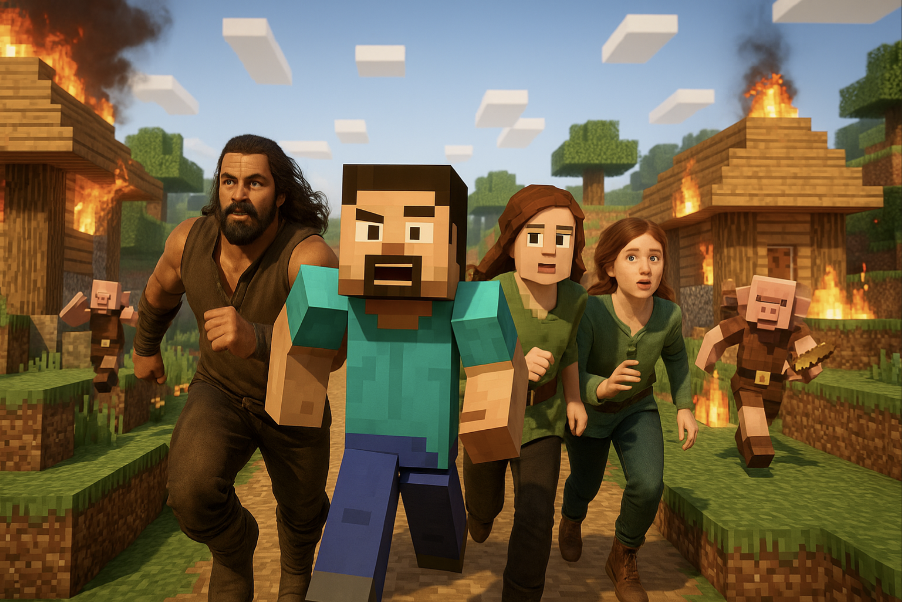 마인크래프트 무비 줄거리 마을에서 전쟁하는 주인공들