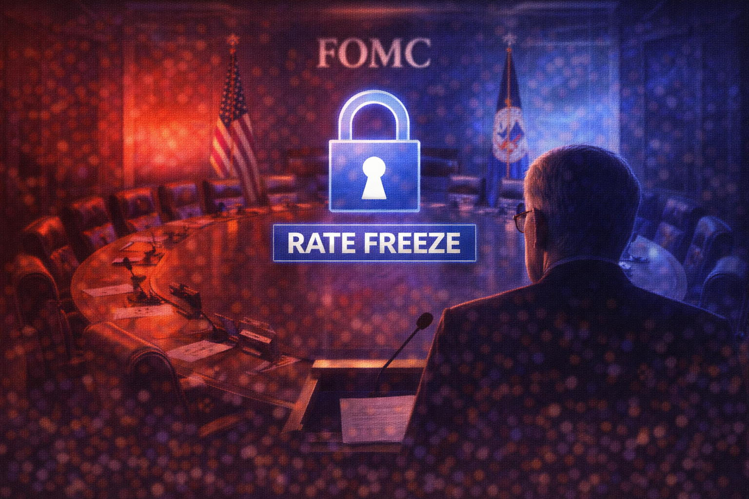 FOMC meeting room background with a lock icon symbolizing rate freeze, Jerome Powell's silhouette, and tense redblue lighting effects.