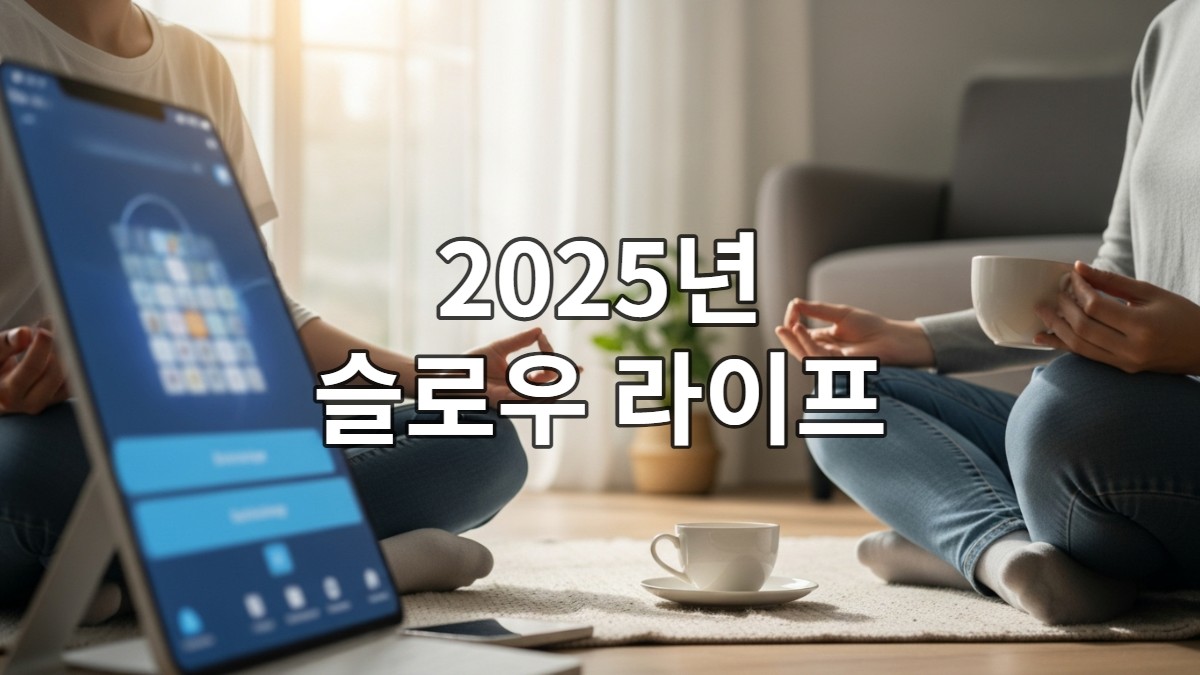 평화로운 현대적인 공간에서 명상을 하거나 차를 마시며 디지털 번아웃을 극복하는 슬로우 라이프 실천자의 모습.