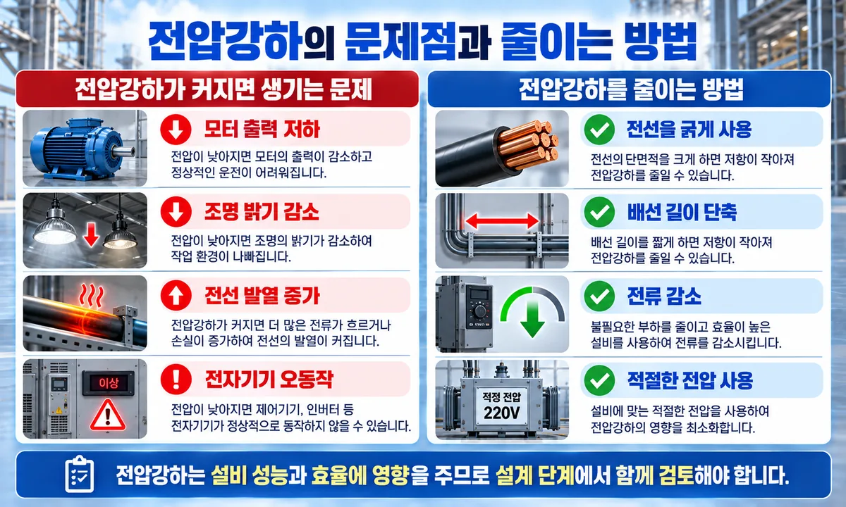 전압강하로 발생하는 문제와 전압강하를 줄이는 방법을 정리한 인포그래픽