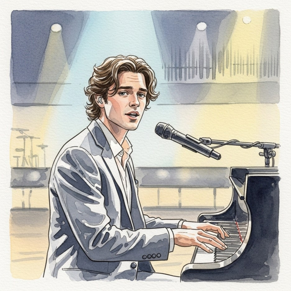 피아노를 연주하며 노래하는 가수의 서정적인 모습