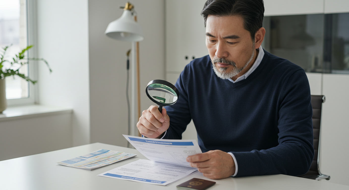 남성이 돋보기로 여행자 보험 서류를 자세히 들여다보는 모습.