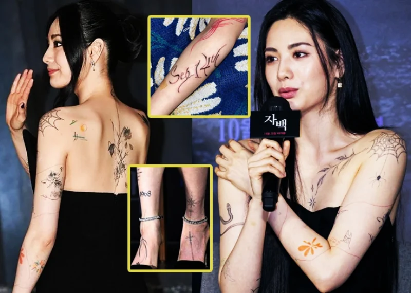 영화 자백 제작발표회에서 등이 파인 검은 드레스를 입고 인터뷰 하는 나나