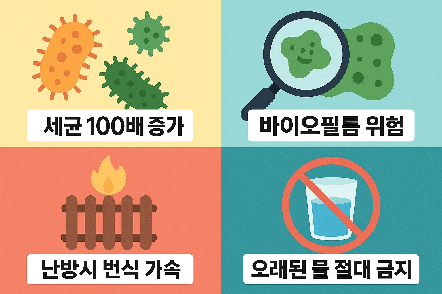 세균 100배 증가, 바이오필름 위험, 난방 시 번식 가속, 오래된 물 절대 금지 등 위생 관리의 중요성을 정리한 인포그래픽입니다.