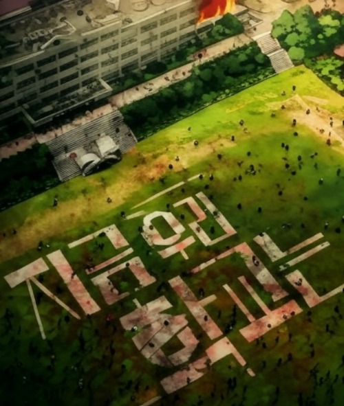 학교 운동장에 많은 좀비들이 건물로 향하고 있는 모습