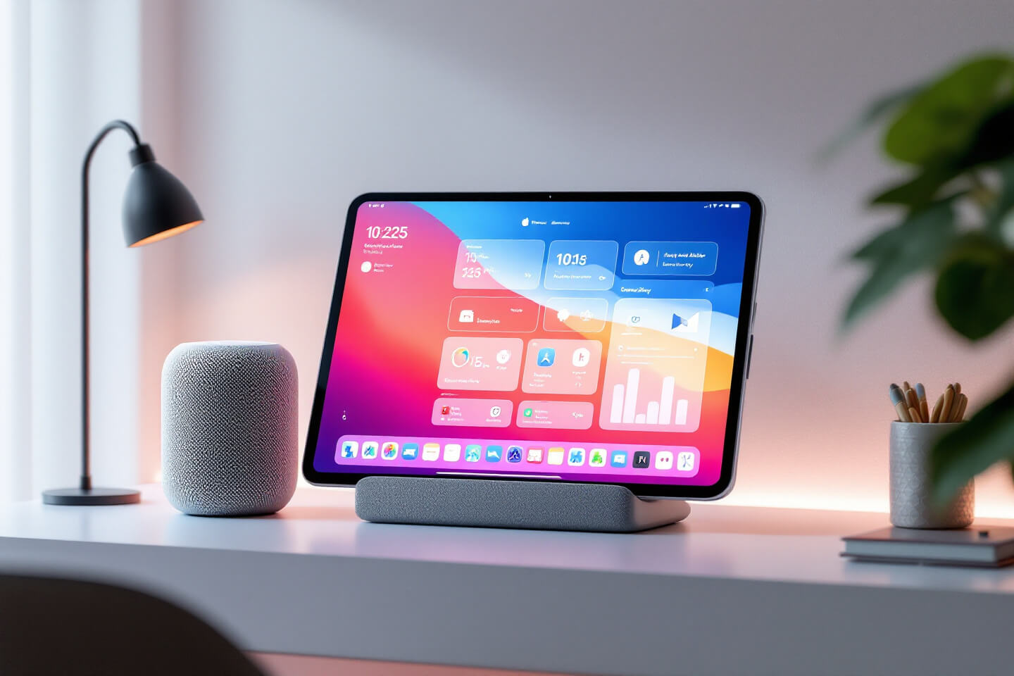 화려한 배경 조명과 함께 스타일리시한 스마트 디스플레이가 테이블 위에 세워져 있는 모습. 화면에는 직관적이고 생동감 있는 스마트홈 컨트롤 인터페이스가 표시되어 있습니다