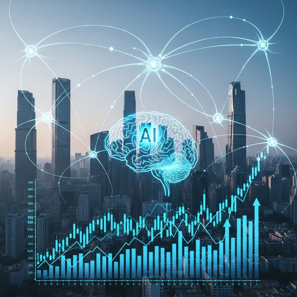 GPT-5 시대의 미래 경제를 상징하는 이미지. 푸른빛 도시 스카이라인 위로 신경망이 펼쳐져 있고, 성장하는 경제 그래프와 연결된 디지털 두뇌가 AI 혁신을 보여줍니다.