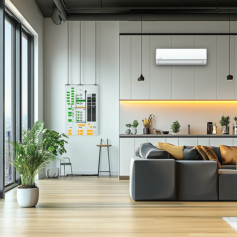 최신 인버터 기술로 에너지를 절약하는 무풍 에어컨의 혁신. 에너지 효율성을 도식화하여 보여주는 현대적인 도시 공간.