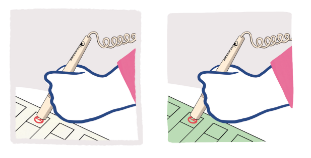 사전투표 장소 찾기 시간 준비물과 관련된 사전투표용지에 투표도장을 찍고 있는 그림