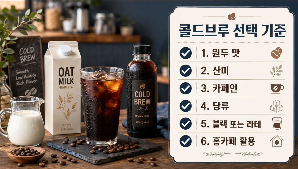 콜드브루와 아이스커피의 추출 방식과 맛 차이를 비교한 인포그래픽 이미지