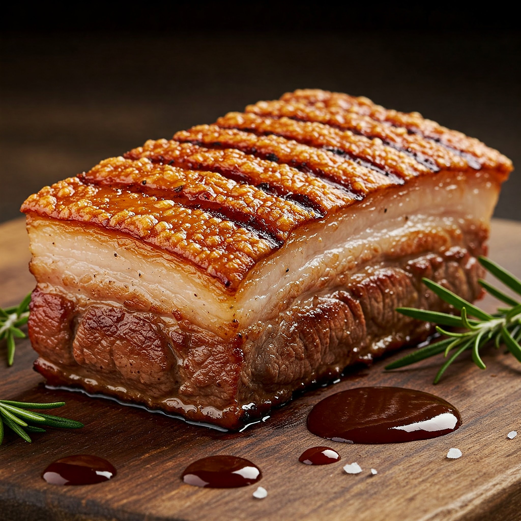 삼겹살부위를 맛있어 보이게 튀겨놓은 것을 로즈마리와 함께 도마위에 맛깔나게 세팅해 놓은 모습의 사진