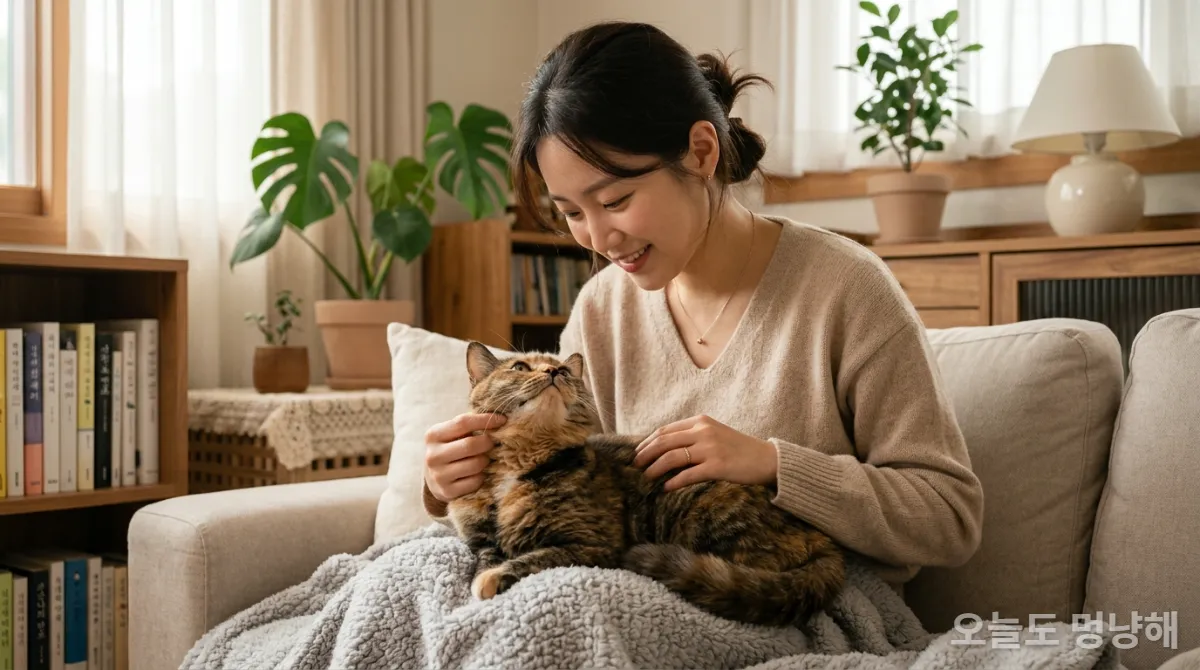 고양이의 털과 피부를 세심하게 살피는 여성의 손