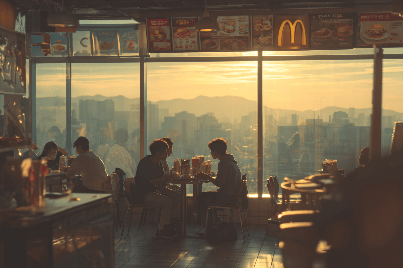 맥도날드-매장에-가득찬-사람들과-맥도날드-로고-간판-이미지