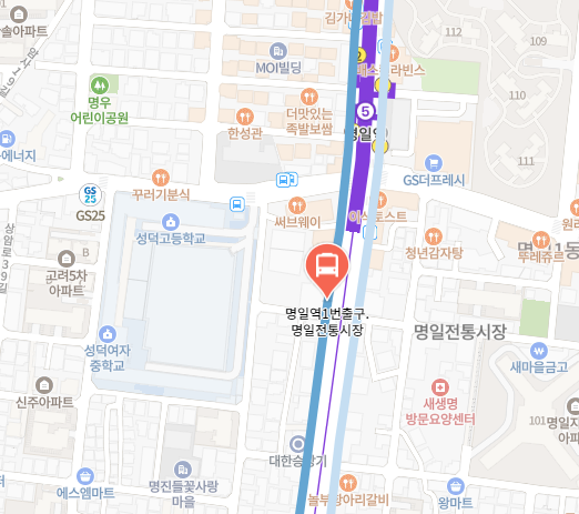 명일역1번출구.명일전통시장에서 인천공항 리무진 공항버스(6300번) 지도 위치