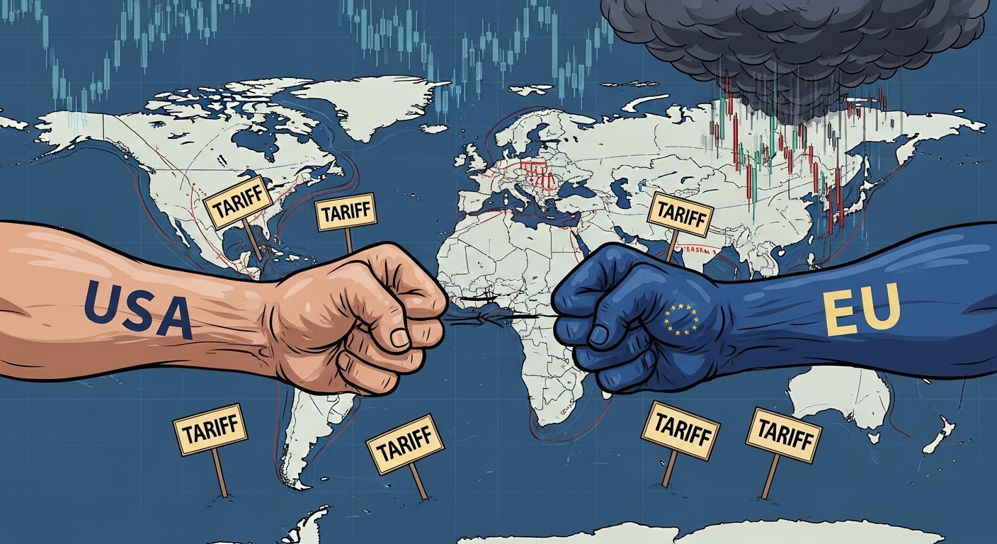 미국과 유럽연합 간의 무역 전쟁으로 긴장된 세계 경제 상황을 묘사한 일러스트