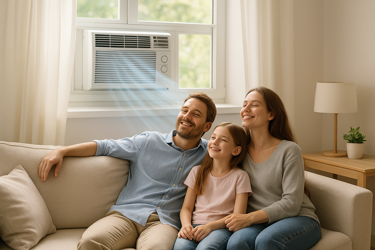 창문형 에어컨으로 시원한 여름을 보내는 가족